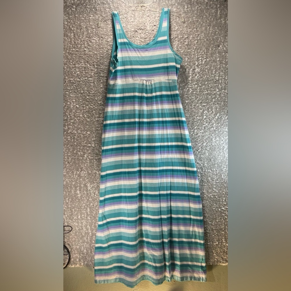 Columbia PFG Omni Wick Blue Striped‎ Maxi Tank Dress Women's Large Stretch READ
